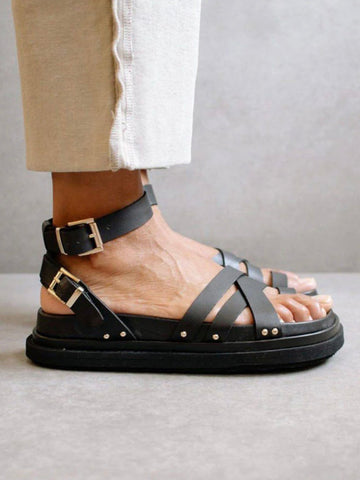 ALOHAS "Buckle Up" Black Leather Platform Sandals (Size EUR 39)