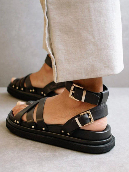 ALOHAS "Buckle Up" Black Leather Platform Sandals (Size EUR 39)