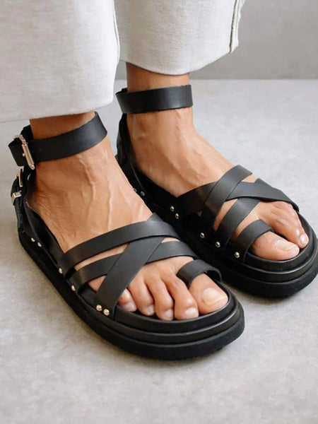 ALOHAS "Buckle Up" Black Leather Platform Sandals (Size EUR 39)