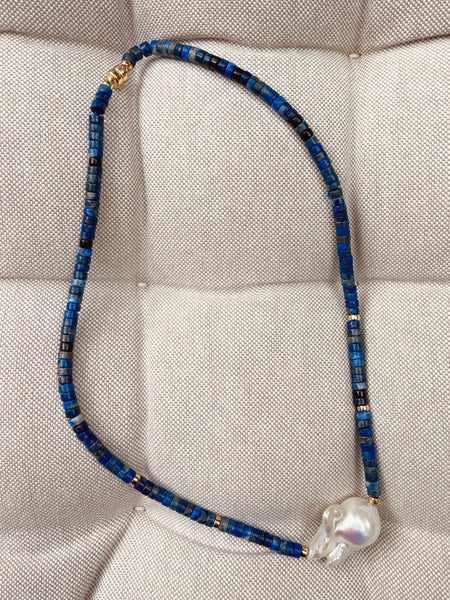 Baroque Pearl Heishi Necklace (Lapis Lazuli)