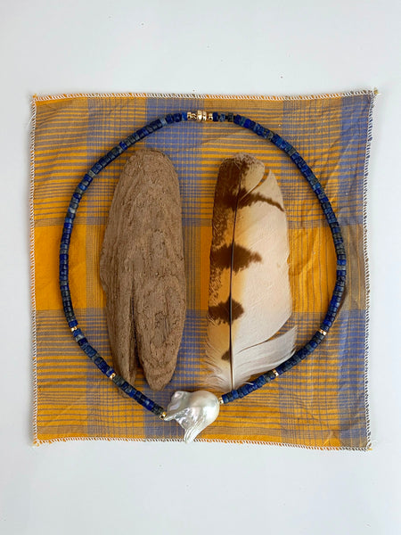 Baroque Pearl Heishi Necklace (Lapis Lazuli)